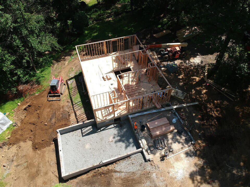 Aerial view of new build framing